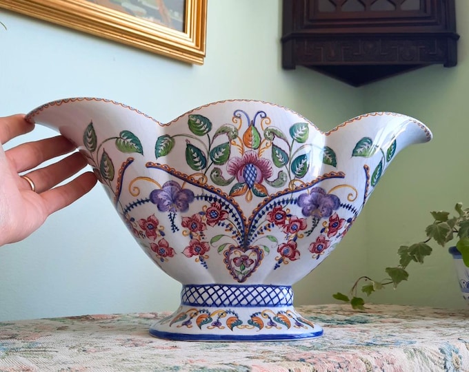 Large C1940's Carvalhinho Portuguese Hand Painted Floral Scalloped Pedestal Centrepiece Bowl