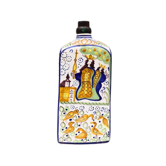 Vintage Italian Renaissance Style Decorative Ceramic Bottle Hand Painted Monarch and Animal decoration.