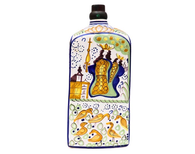Vintage Italian Renaissance Style Decorative Ceramic Bottle Hand Painted Monarch and Animal decoration.