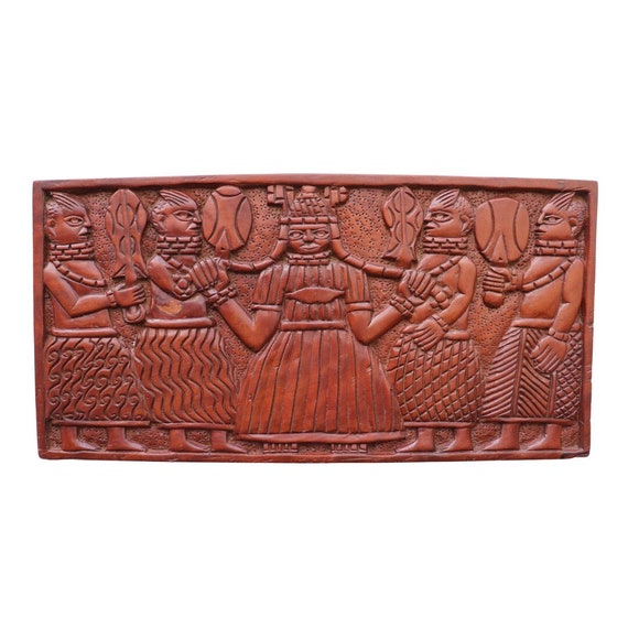 Large Solid Carved Teak Wood African Panel Depicting African Queen and Subdits, African Tribal Wall Art, Mid Century African Panel