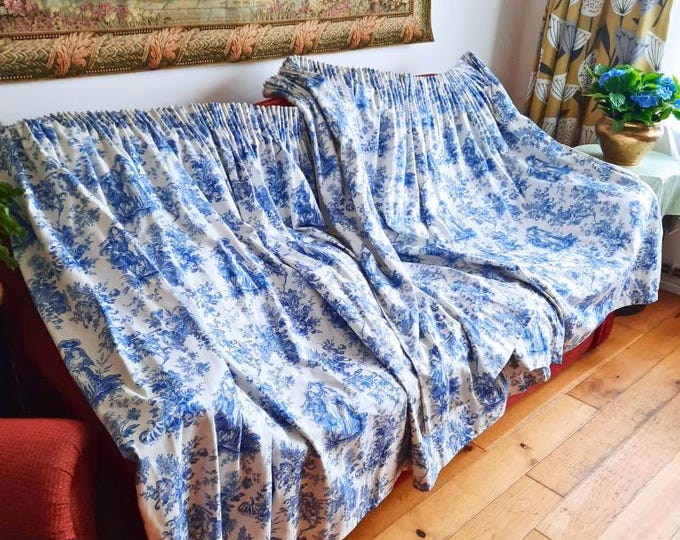 Vintage Pair of Pencil Pleat Cotton Lined Toile Blue and White Window Bay Curtains By Sandow And Bourne England H 133 cm