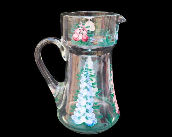 Mid Century Floral Hand Painted Glass Pitcher: Retro Water Jug