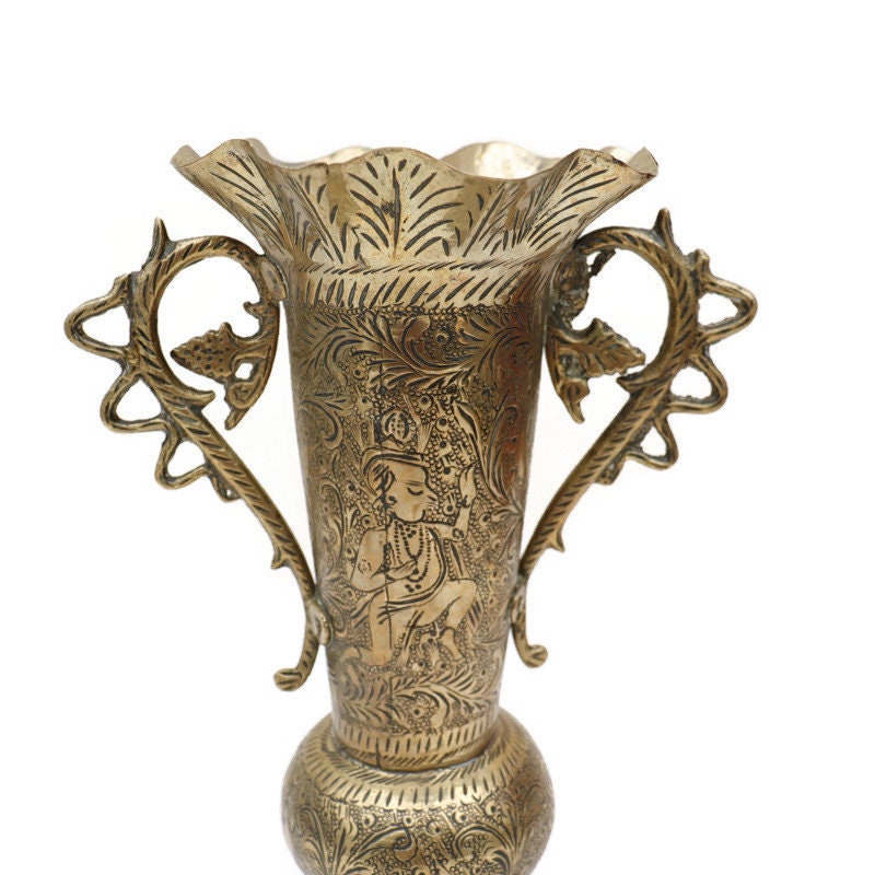 Indian Hand Engraved Brass Bud Vase with Foliate Figural Design H 8.2''