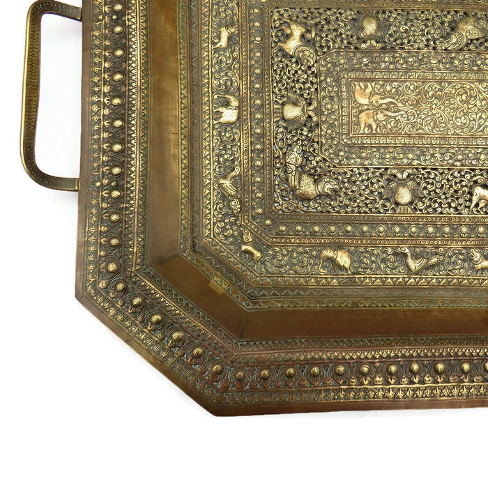 Large Indian Embossed Brass Decorative Tray Finely Embossed L 67 cm