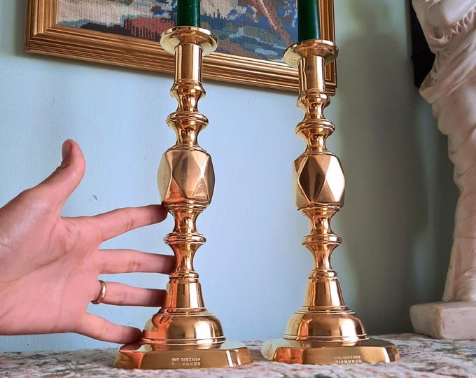 Antique Large Pair Of Queen Of Diamonds Brass Candlesticks Pair H 11.5'' Marked