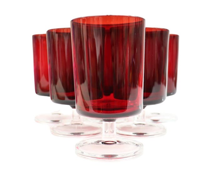 Set of 6 Vintage Luminarc Cavalier Ruby Red Wine Glasses - MCM Barware