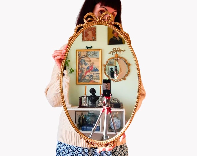 Vintage Large Rococo Style Ornate Bow Wall Mirror Oval Shaped 25.5'' Tall