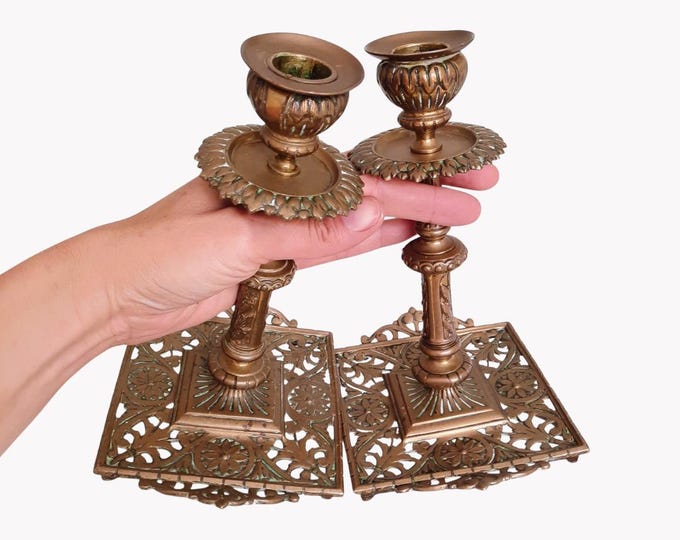 Antique Ornate English Townsend & Co Brass Candlesticks Holders Pair Floral Decoration Made in 1895, 8'' Tall