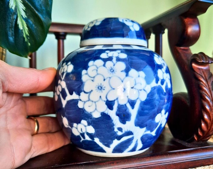 Vintage Blue and White Prunus Ginger Jar Hand Painted Chinese Vase 4.7'' Tall"