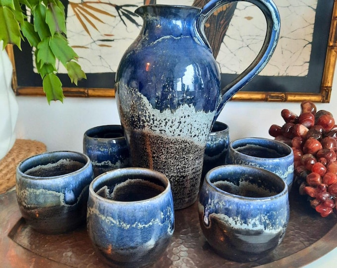 Vintage Blue Glazed Pottery Pitcher and 6 Cups ET Signed Ellen B.