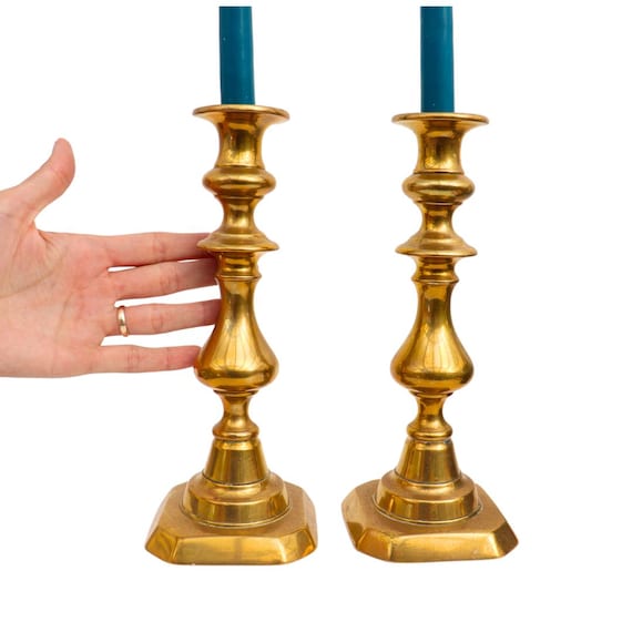 Large and Chunky Pair Of Victorian Brass Candlesticks Holders Pair H 10.7''