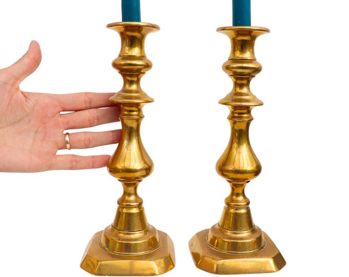 Large and Chunky Pair Of Victorian Brass Candlesticks Holders Pair H 10.7''