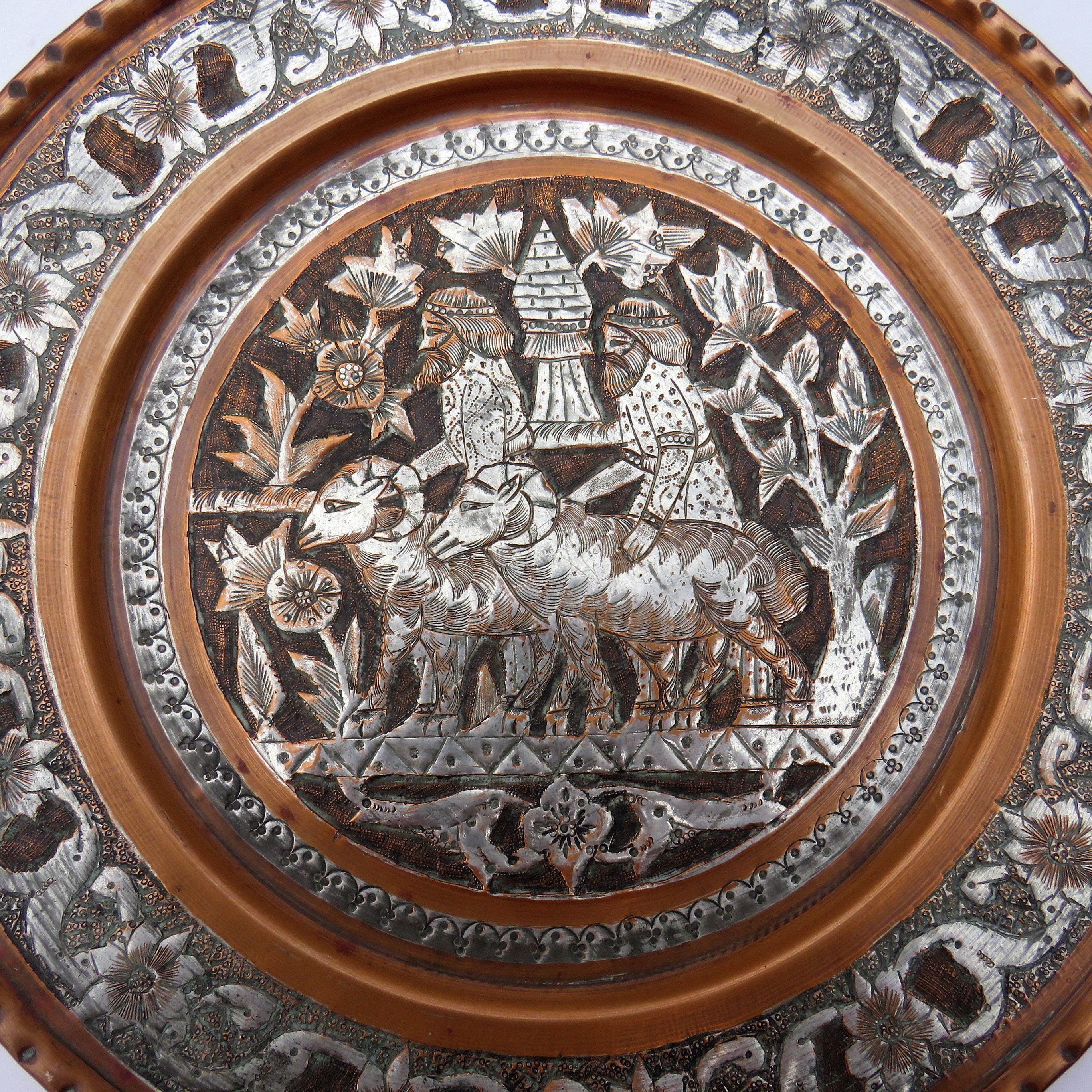 Bohemian Hand Engraved Tinned Copper Plate Tray D 29.5 cm or 11.6''.