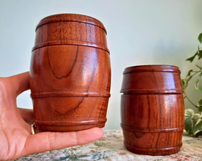Mid Century Pair Of Wood Barrel Shaped Lidded Jars