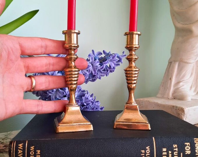 Antique Small Solid Pair Of Brass Candle Stick Holders Beehive Stem C 1910's. 4.8 In Tall