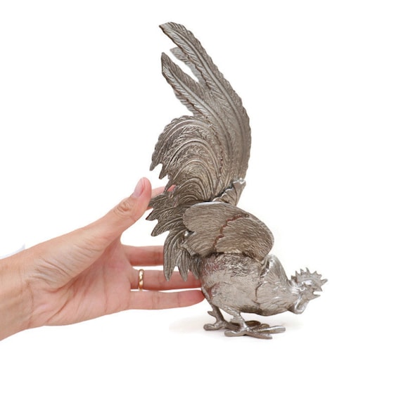 Large Italian Metal Cockerel Statuette . Mid Century Italian Bird Figurine .