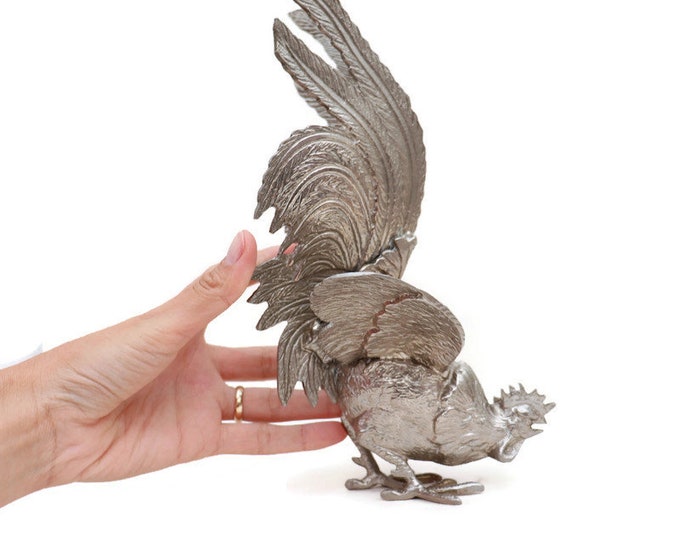 Large Italian Metal Cockerel Statuette . Mid Century Italian Bird Figurine .