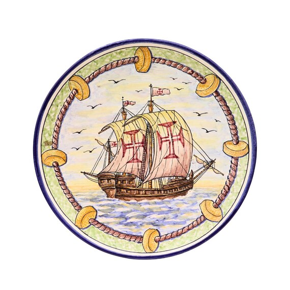 Large Rustica Pottery Wall Plate With Hand Painted Galleon Made in Lisbon, Portugal Handpainted 11 inches Diameter