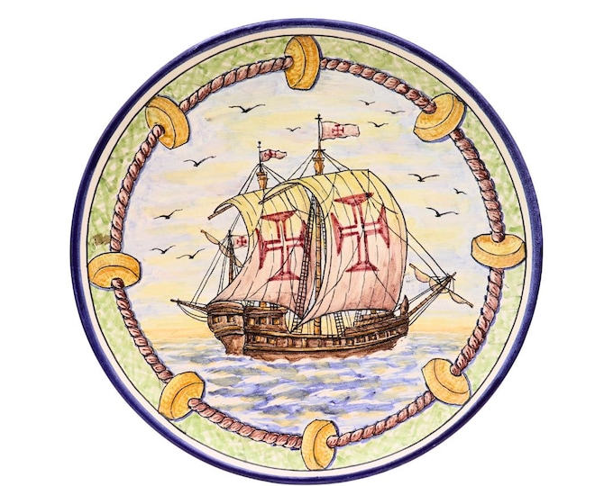 Hand-Painted Galleon Pottery Wall Plate: Large Rustic Portuguese Decor