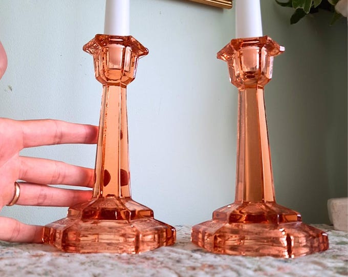 Large Art deco Pink Rose Glass Candle holders By Bagley 1930's.
