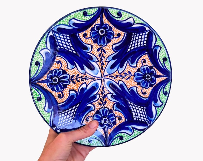 Vintage Spanish Hand Painted Ceramic Wall Plate With Floral Decoration 10'' Wide