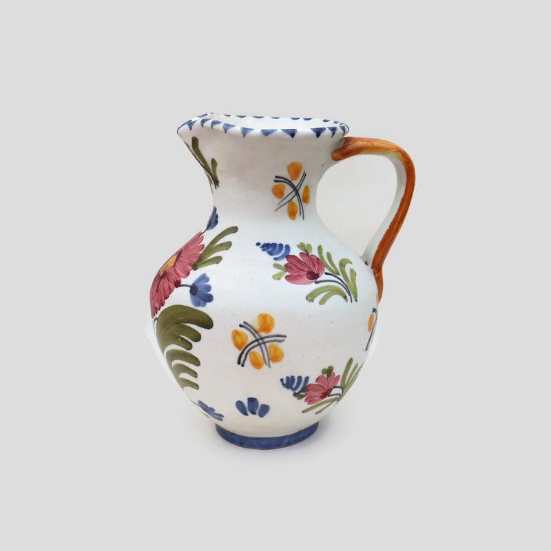 Spanish Talavera Hand Painted Stoneware Pitcher Jug With Floral