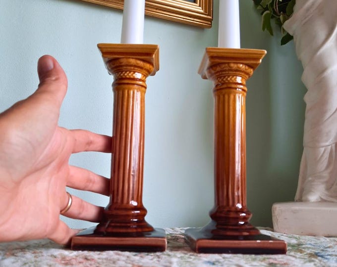 Antique Arts And Crafts Bretby Art Pottery Neoclassical Doric Column Candlesticks Pair