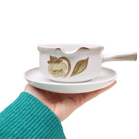 Mid Century Denby "Troubador" Gravy Boat and Saucer Magnolia Decoration C 1970's, Retro Stoneware sauce boat