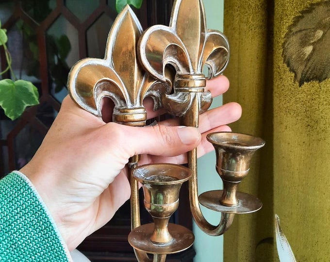 Vintage Pair of Brass Fleur De Lys Wall Mounted Sconce Candle Holders H 8'' Tall