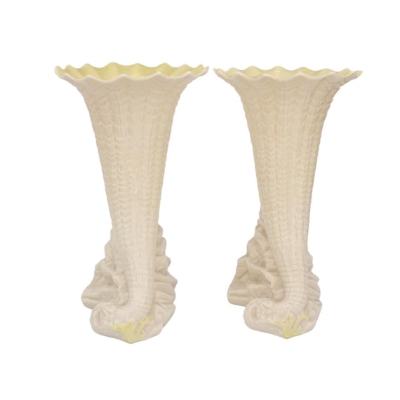 Mid Century Pair of Belleek Ireland Cornucopia Heritage Rock Spill Bud Vases Green Mark 7.5'' Tall