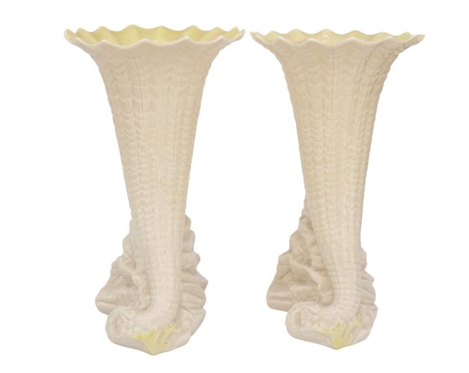 Mid Century Belleek Ireland Cornucopia Bud Vases Pair - Heritage Rock Spill