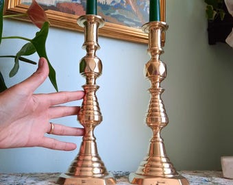Tall Antique Pair Of King Of Diamonds Beehive Brass Candlesticks Pair H 11.7 ''