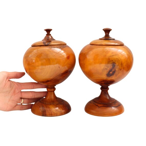 Vintage Large Pedestal Hand Turned Walnut Wood Lidded Jars Pair 9'' Tall