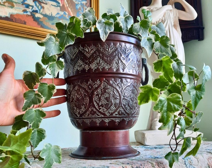 Large Antique Middle Eastern Indian Copper Cauldron Jardiniere With Insert H 10.2''