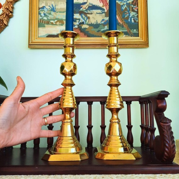 Large Pair Of King Of Diamonds Brass Candlesticks Pair H 11.7'', Antique Tall Brass Candleholders