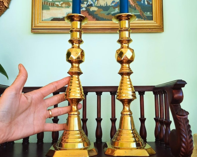 Large Pair Of King Of Diamonds Brass Candlesticks Pair H 11.7'', Antique Tall Brass Candleholders