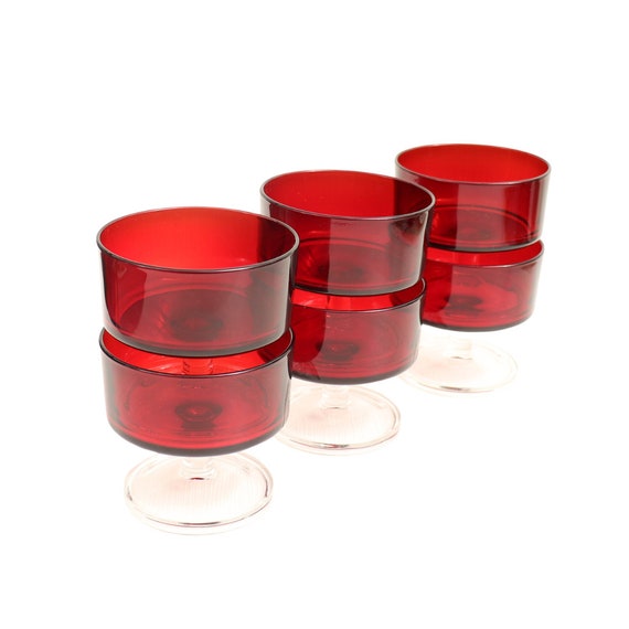 Six Vintage French Red Luminarc Cavalier Champagne Glasses , Luminarc Dessert Cups , Retro French Glassware.