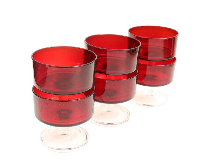 Set of Six Vintage Red Luminarc Dessert Glasses: Retro French Glassware