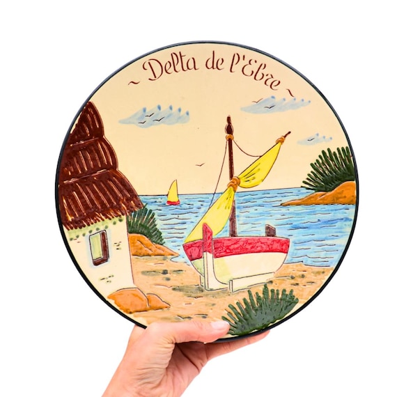Large Mid Century Puigdemont Pottery Wall Plate: Hand Painted Coastal Scene, Mediterranean Decor