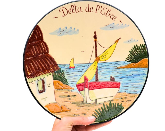 Large Mid Century Puigdemont Pottery Wall Plate: Hand Painted Coastal Scene, Mediterranean Decor