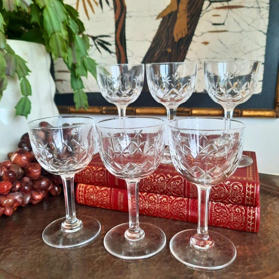 6 Crystal Port Sherry or Liqueur Glasses, Victorian Style StarPattern Cordial glasses