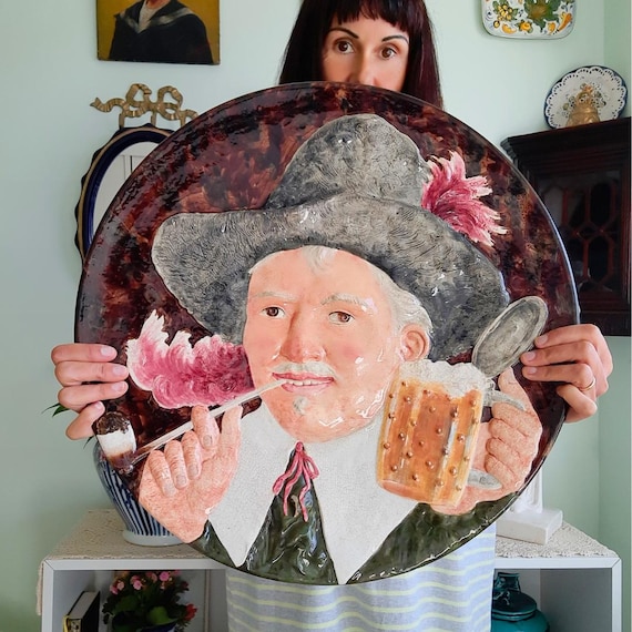 Huge RARE Serraguemines Majolica Wall Plate Number 2301 Made in France, Unique Wall Gallery Decor