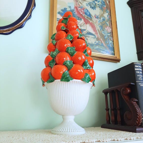 Large Mid Century Italian Majolica Ceramic Oranges Fruits Topiary Table Centrepiece