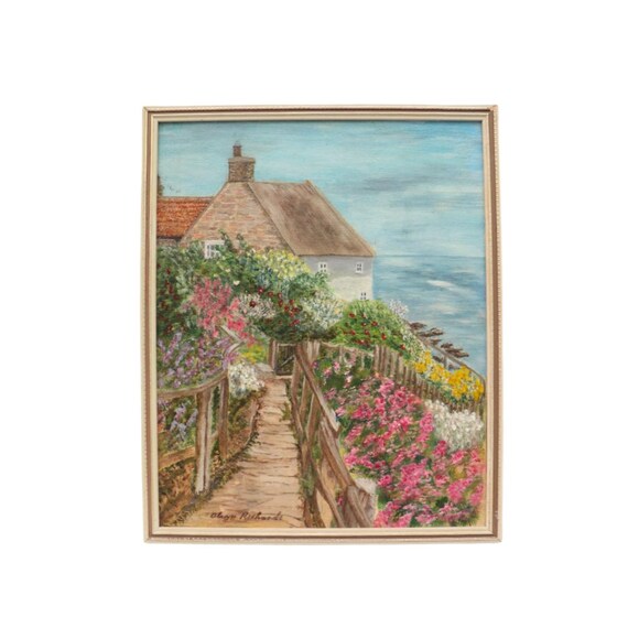 Small Framed Oil Painting Devon In England  Cottage With Sea Views By Alyson Richards H 10.5'' tall ''Cliff Garden'' 1983 Signed