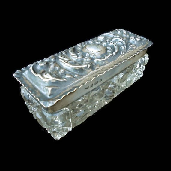Edwardian Silver Topped Crystal  Dressing Table Box by Thomas Hayes 1902, Antique Crystal Box