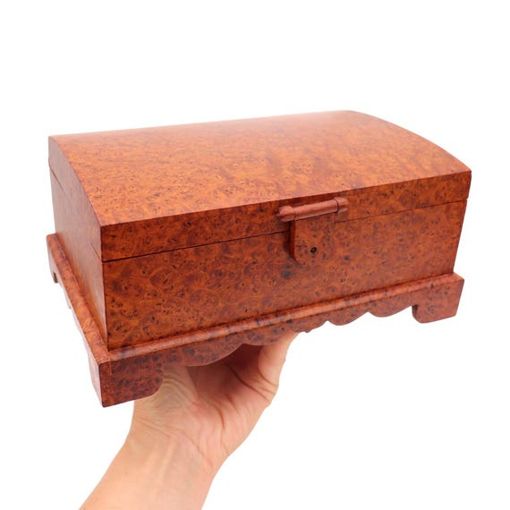 Vintage Ornate Hand-crafted Queen Anne Style Burl Wood Lidded Box, Wooden Jewellery Chest
