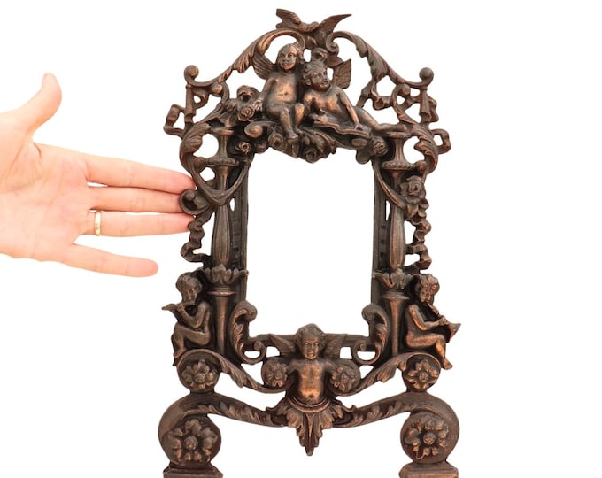 Antique Ornate Copper Plated Easel Frame: Cherub Decoration, C 1910
