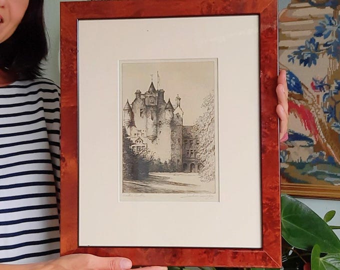 Antique Wooden Framed Authentic Etching Of Crathes Castle In Scotland By Henry Jackson Simpson