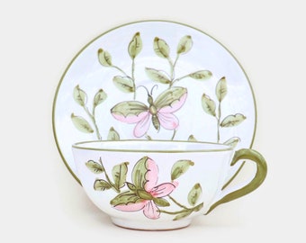 Italian Pottery Large Coffee Cup and Saucer, Butterflies latte cup, Large Capuccino ceramic cup, Italian Latte cup