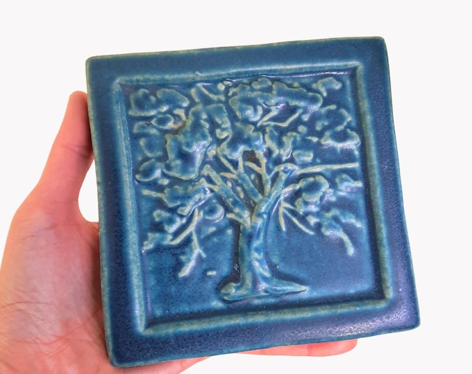 Vintage 1997 Pewabic Oak Tree Pottery Tile Wall Decor Handcrafted In USA